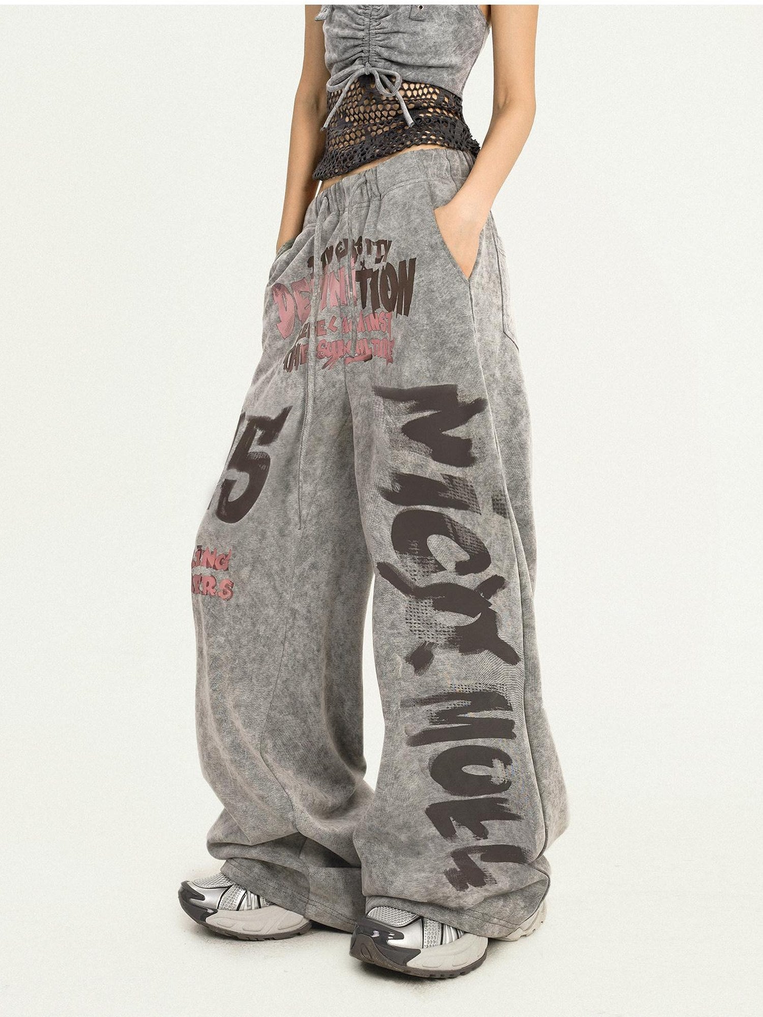 Nico Molly Original Vintage Print Relaxed Natural Waist Gray Womens Wide Leg Pants