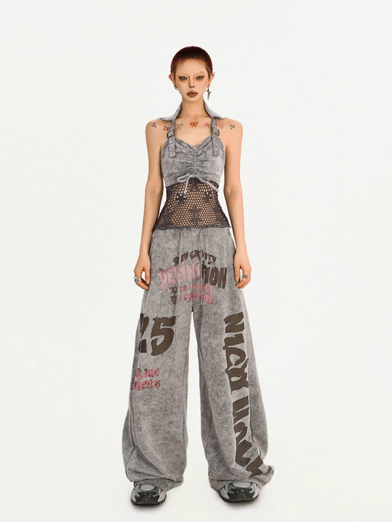 Nico Molly Original Vintage Print Relaxed Natural Waist Gray Womens Wide Leg Pants