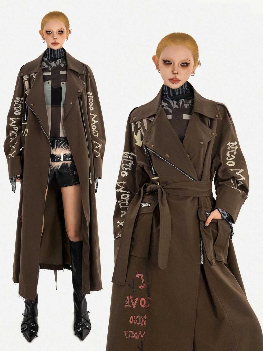 Nico Molly Oversized Punk Street Style Long Zip Front Brown Women Daily Trench Coats