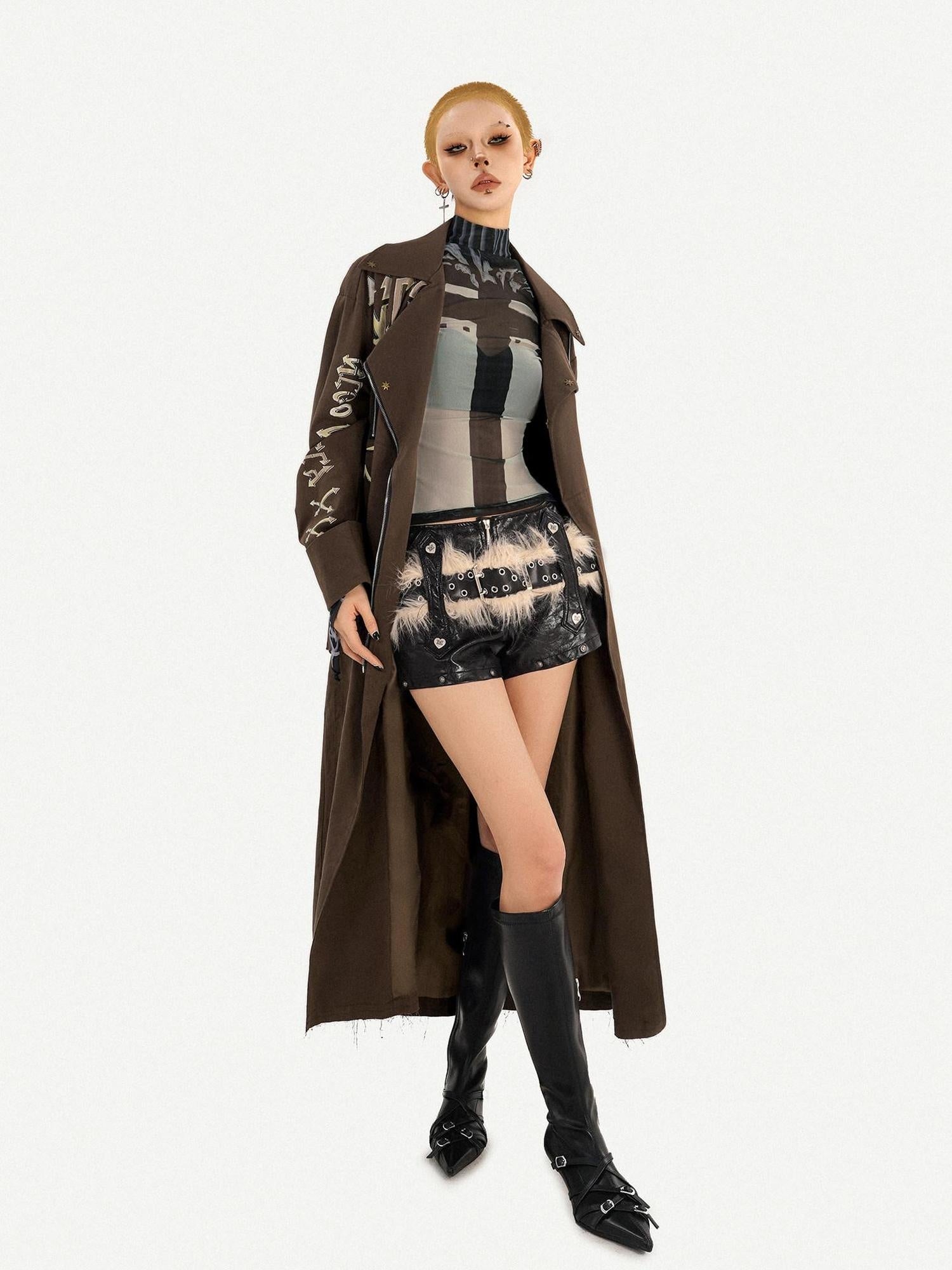 Nico Molly Oversized Punk Street Style Long Zip Front Brown Women Daily Trench Coats