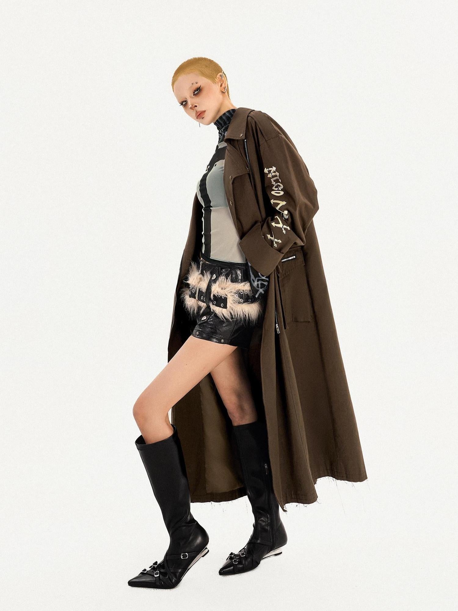 Nico Molly Oversized Punk Street Style Long Zip Front Brown Women Daily Trench Coats