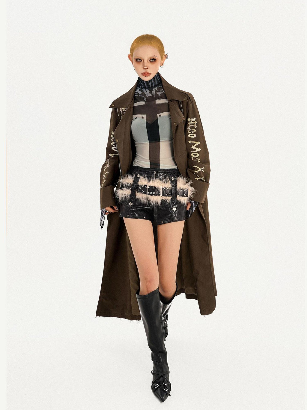 Nico Molly Oversized Punk Street Style Long Zip Front Brown Women Daily Trench Coats