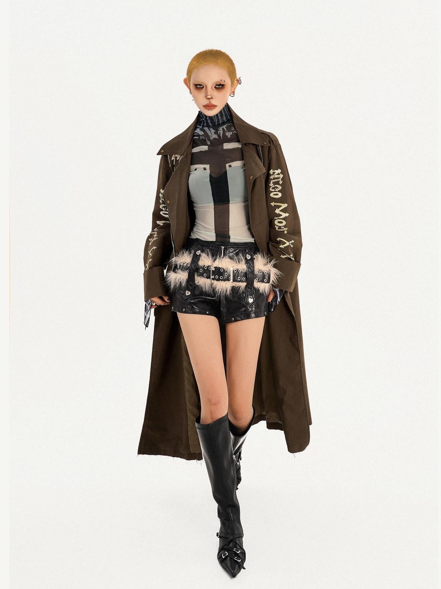 Nico Molly Oversized Punk Street Style Long Zip Front Brown Women Daily Trench Coats