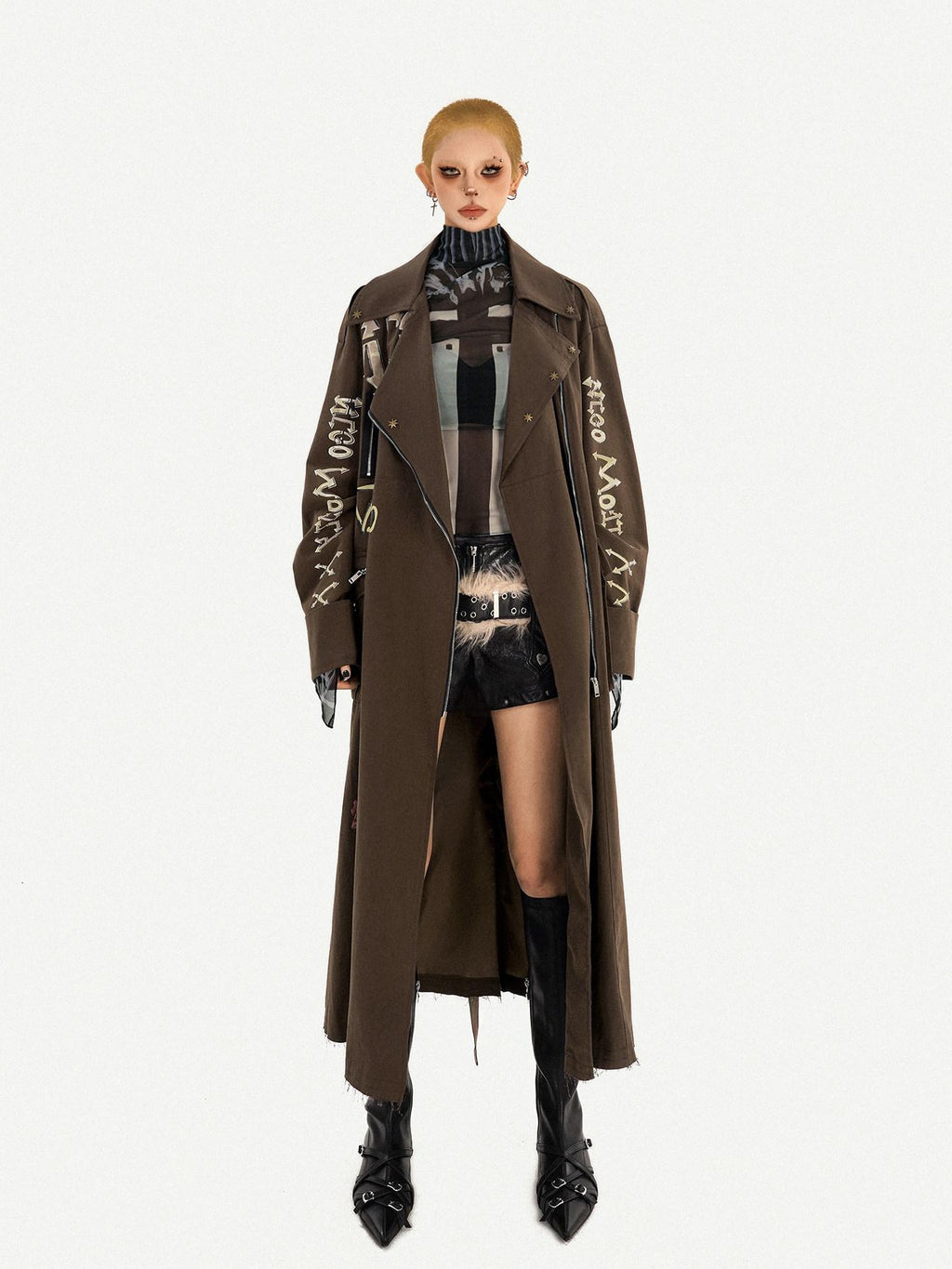 Nico Molly Oversized Punk Street Style Long Zip Front Brown Women Daily Trench Coats