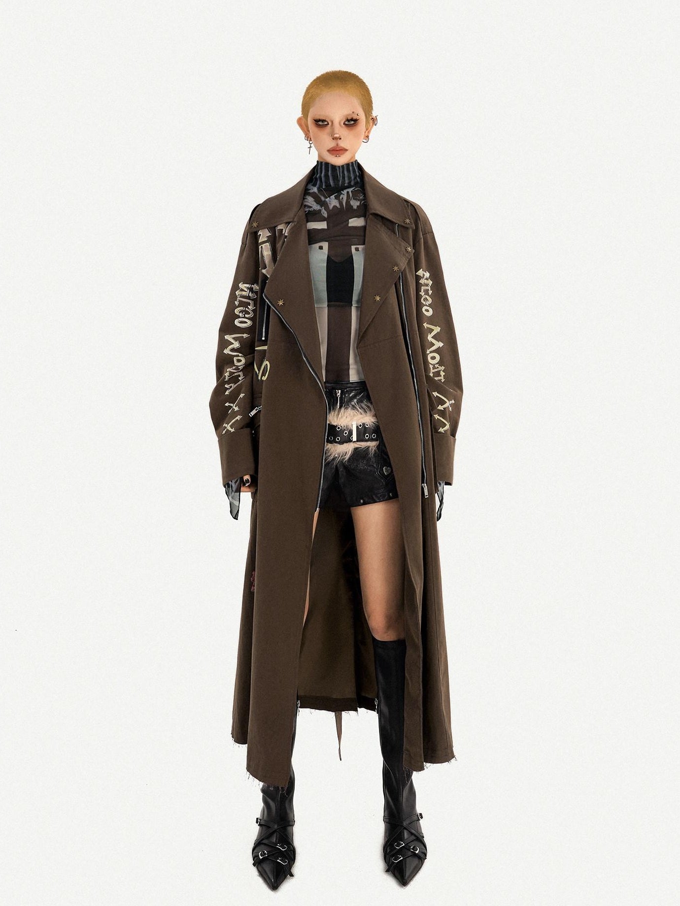 Nico Molly Oversized Punk Street Style Long Zip Front Brown Women Daily Trench Coats