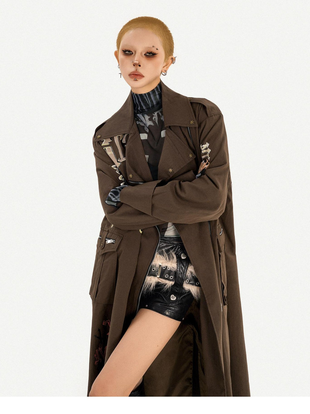 Nico Molly Oversized Punk Street Style Long Zip Front Brown Women Daily Trench Coats
