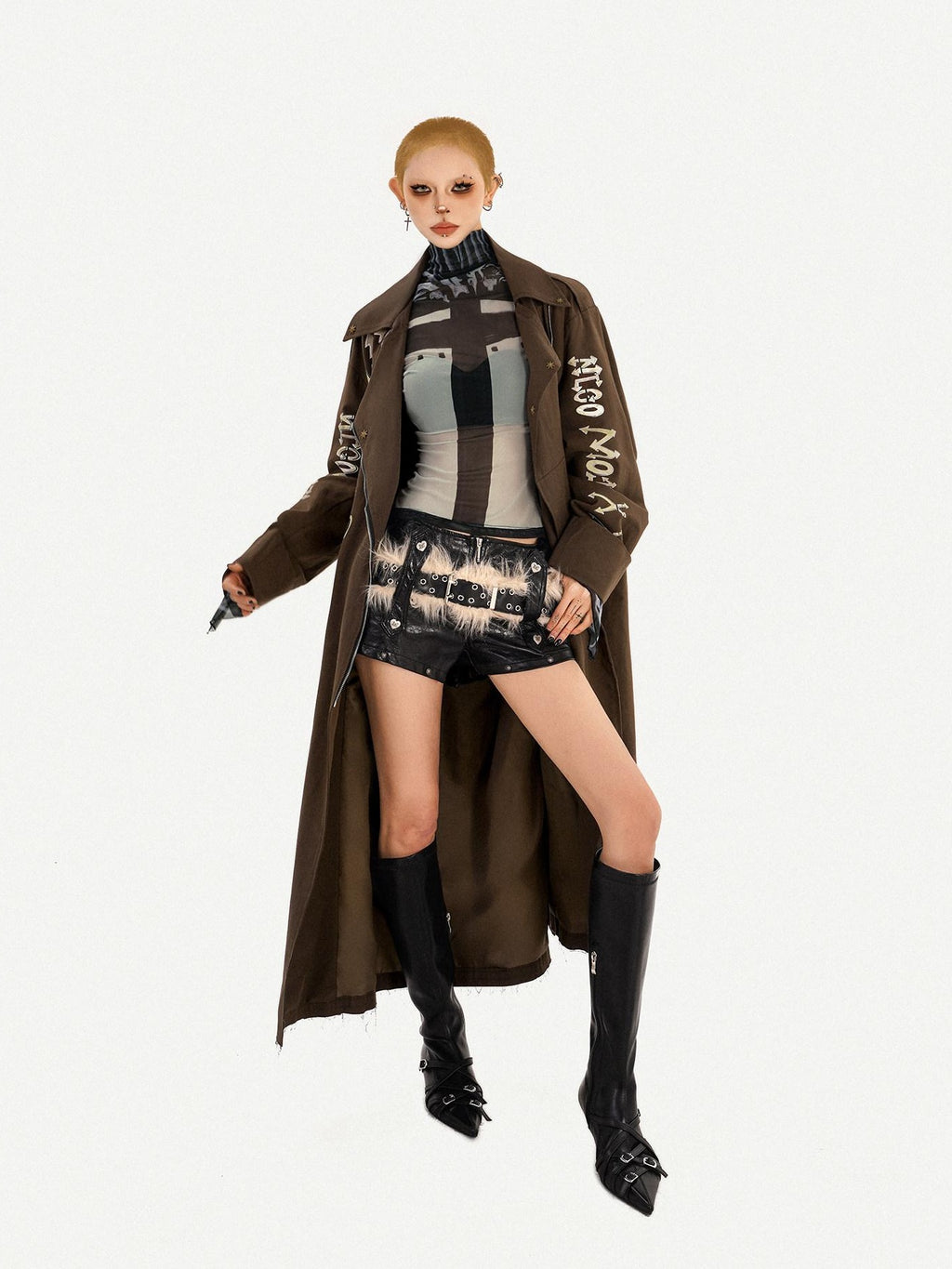 Nico Molly Oversized Punk Street Style Long Zip Front Brown Women Daily Trench Coats