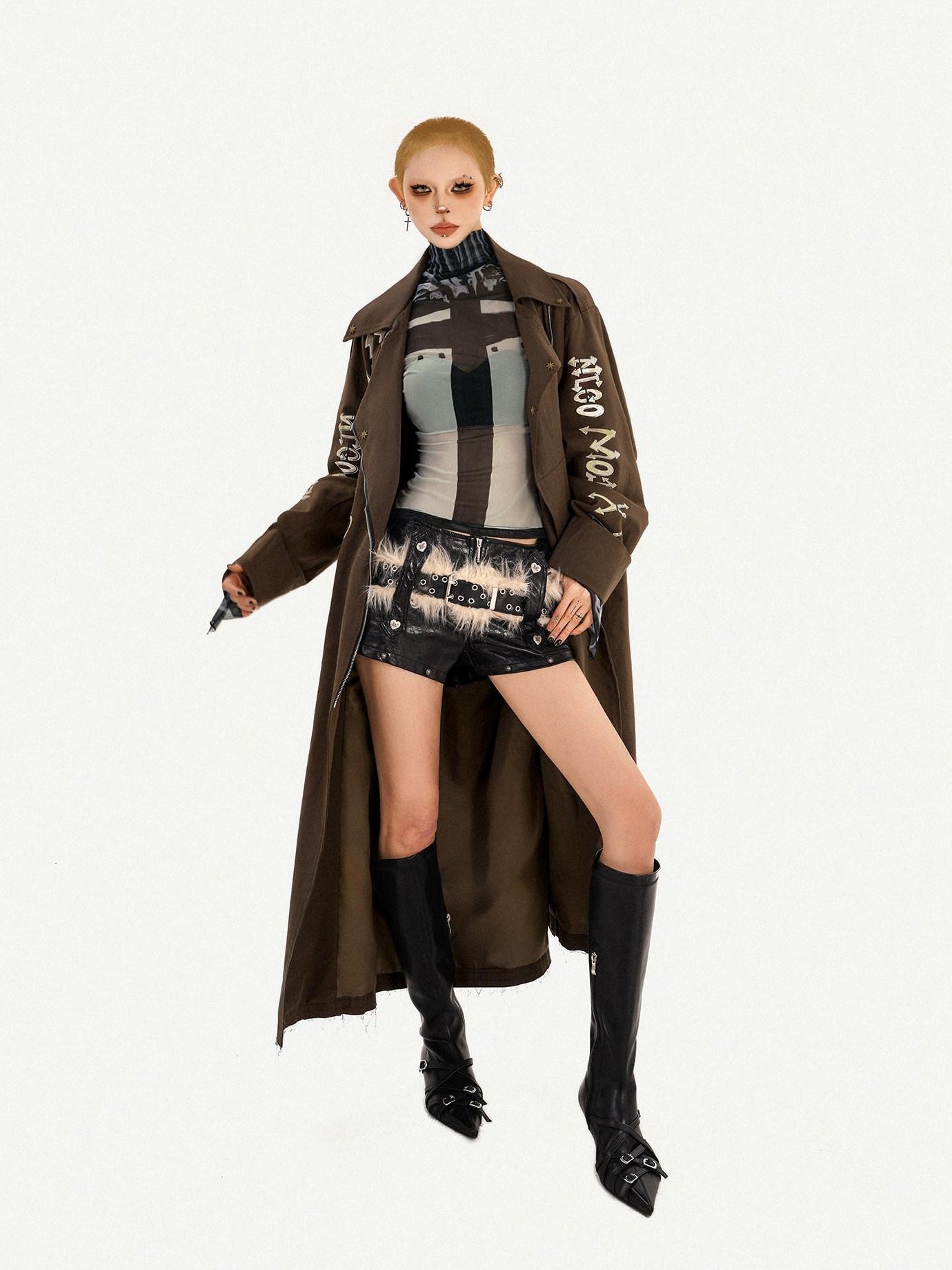 Nico Molly Oversized Punk Street Style Long Zip Front Brown Women Daily Trench Coats