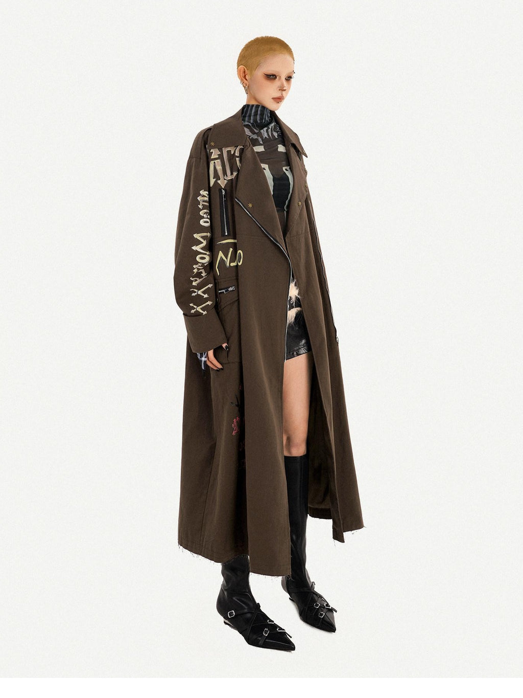 Nico Molly Oversized Punk Street Style Long Zip Front Brown Women Daily Trench Coats
