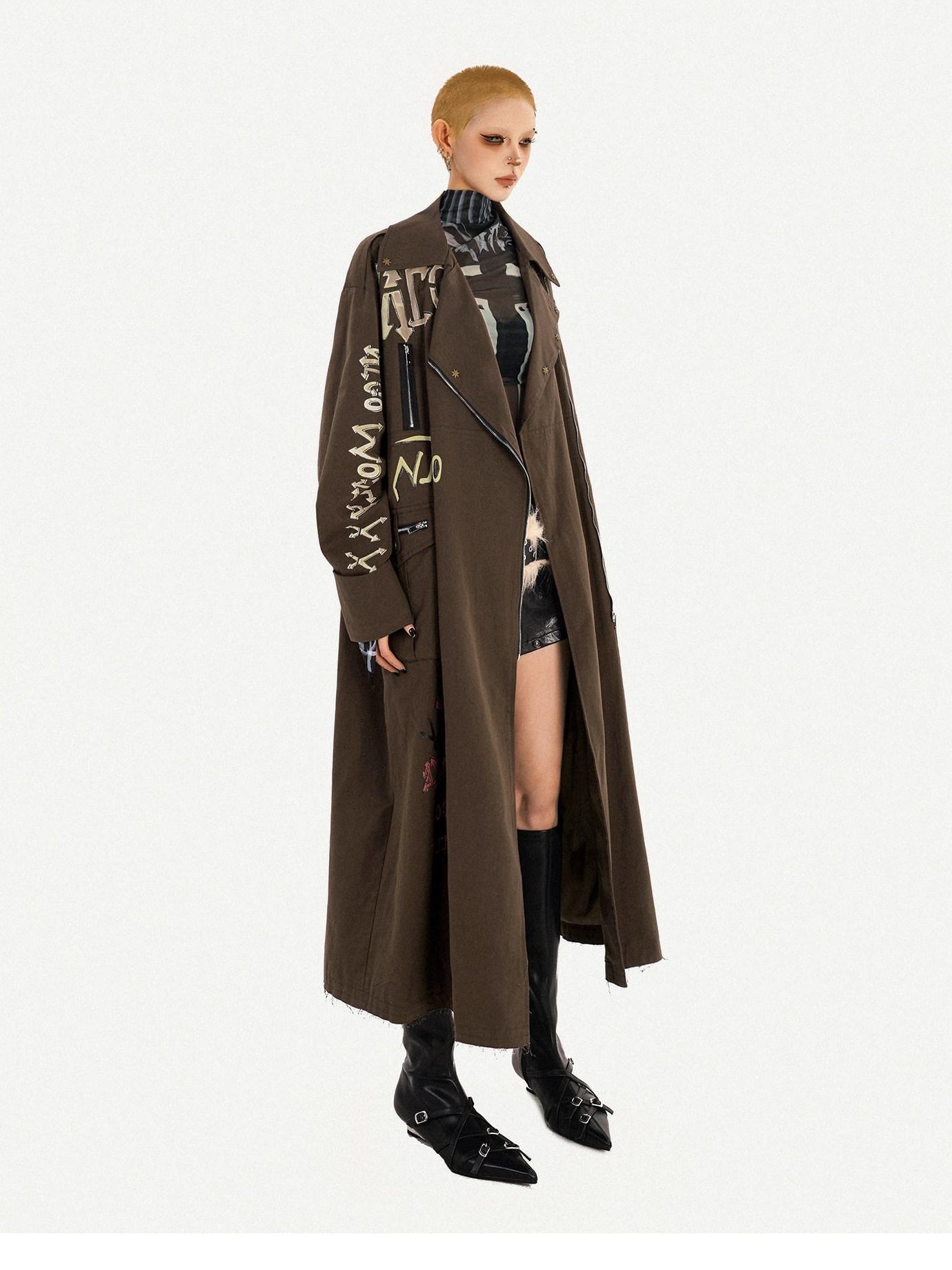 Nico Molly Oversized Punk Street Style Long Zip Front Brown Women Daily Trench Coats