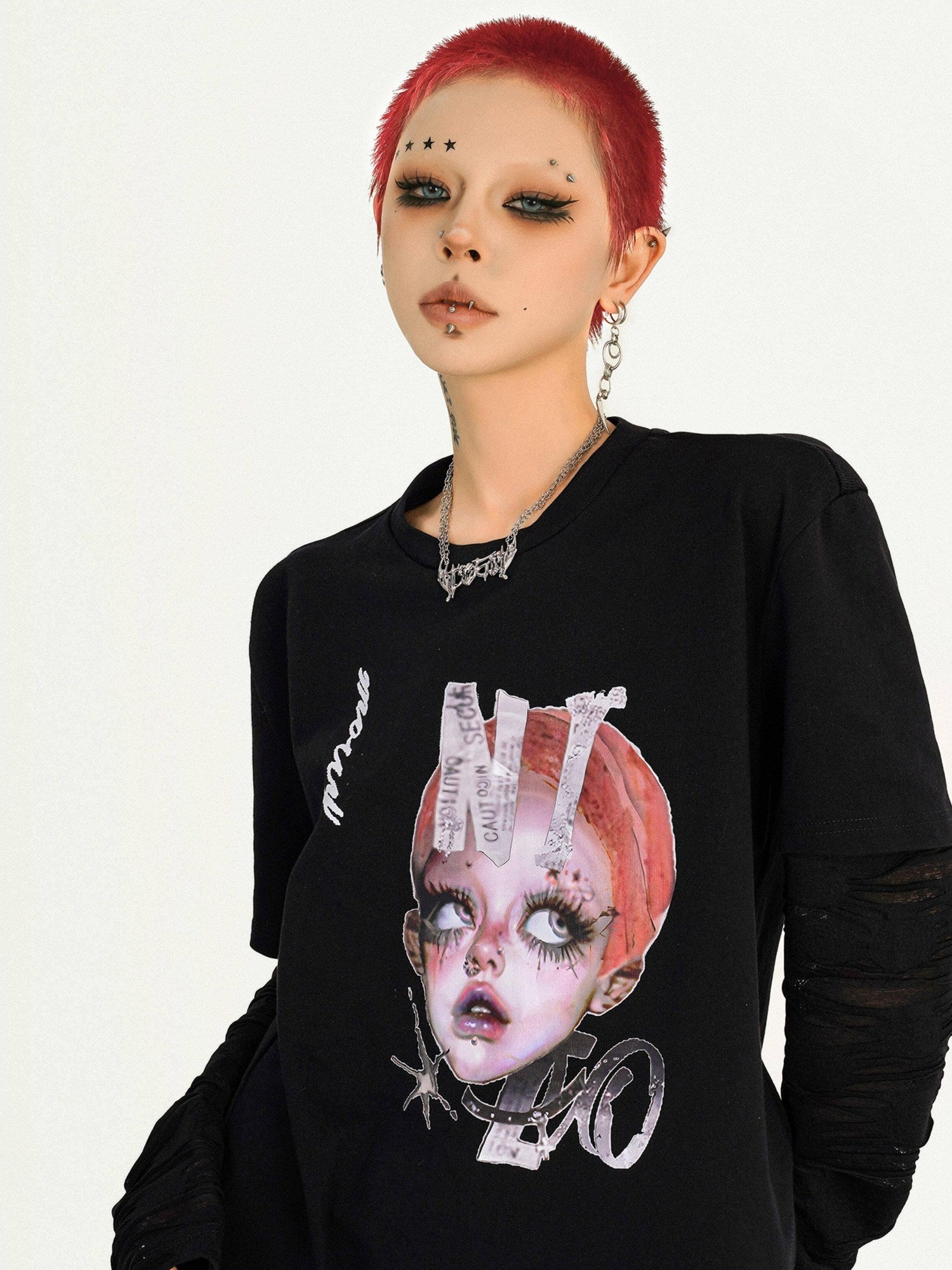 Nico Molly Oversized Streetwear Black Round Neck Graphic Print Casual Long Sleeve T-Shirts