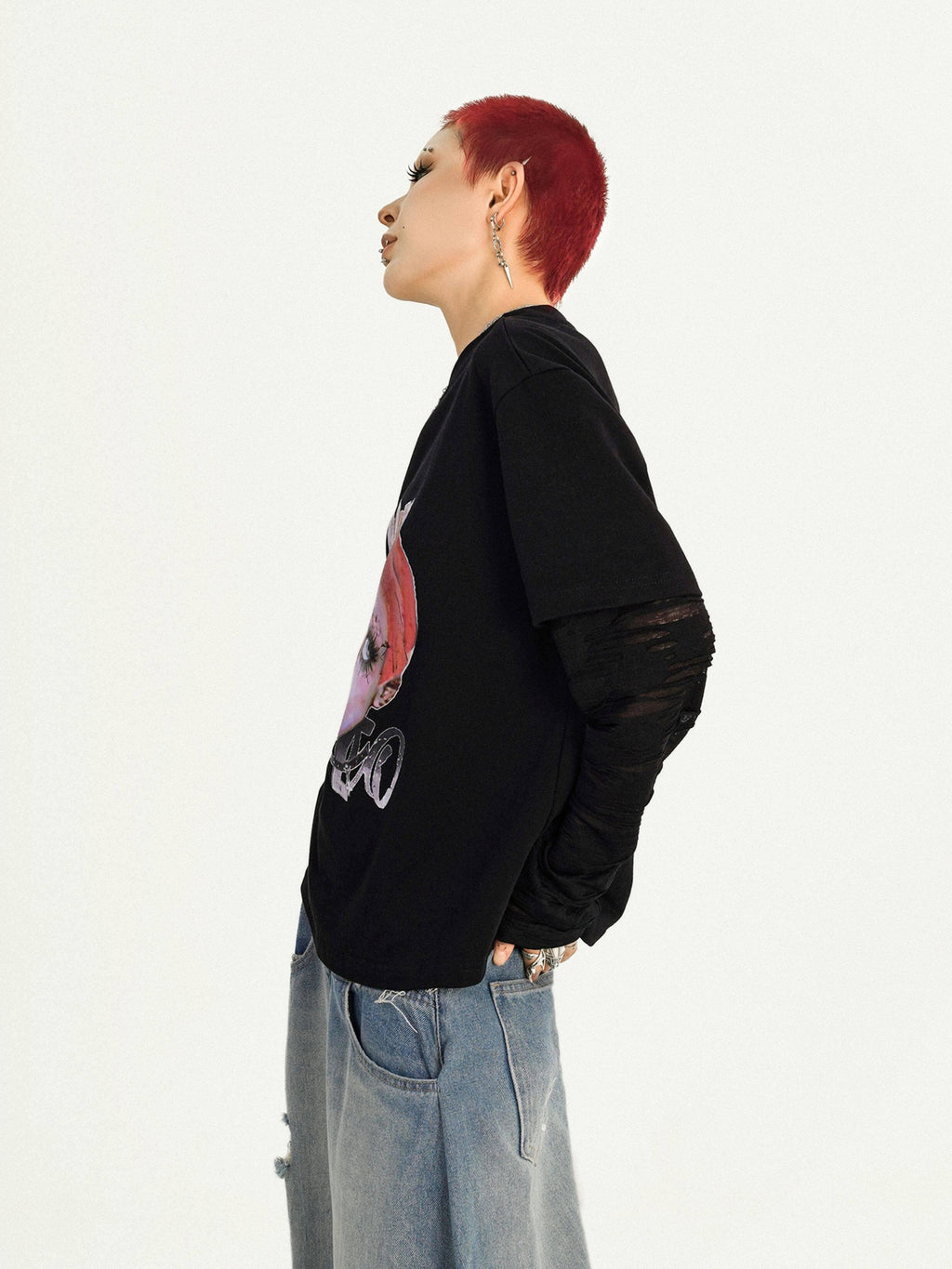 Nico Molly Oversized Streetwear Black Round Neck Graphic Print Casual Long Sleeve T-Shirts