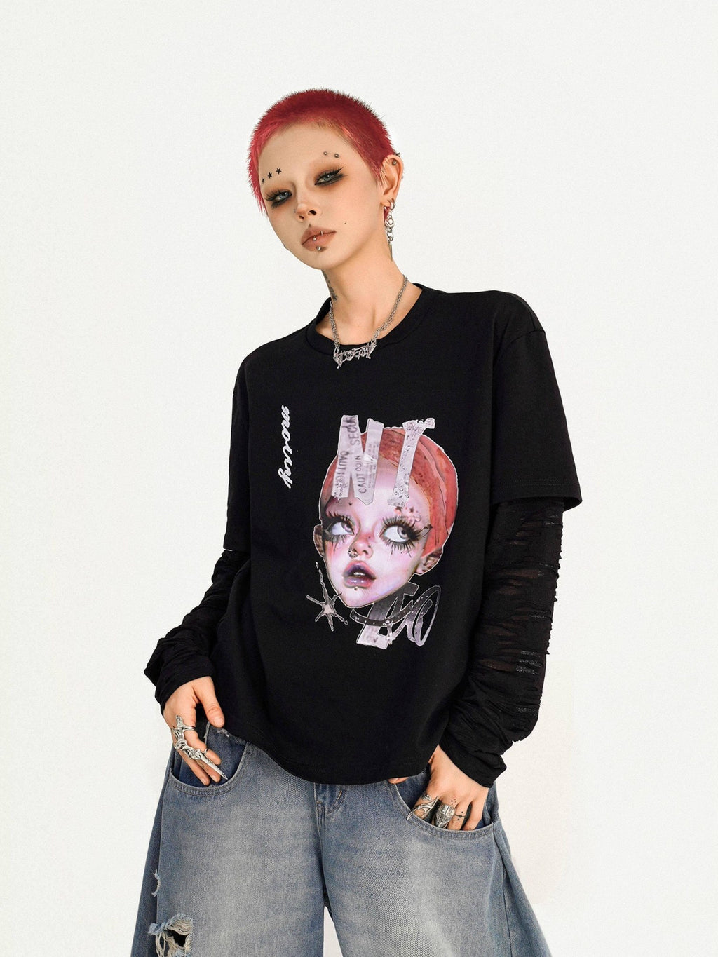 Nico Molly Oversized Streetwear Black Round Neck Graphic Print Casual Long Sleeve T-Shirts