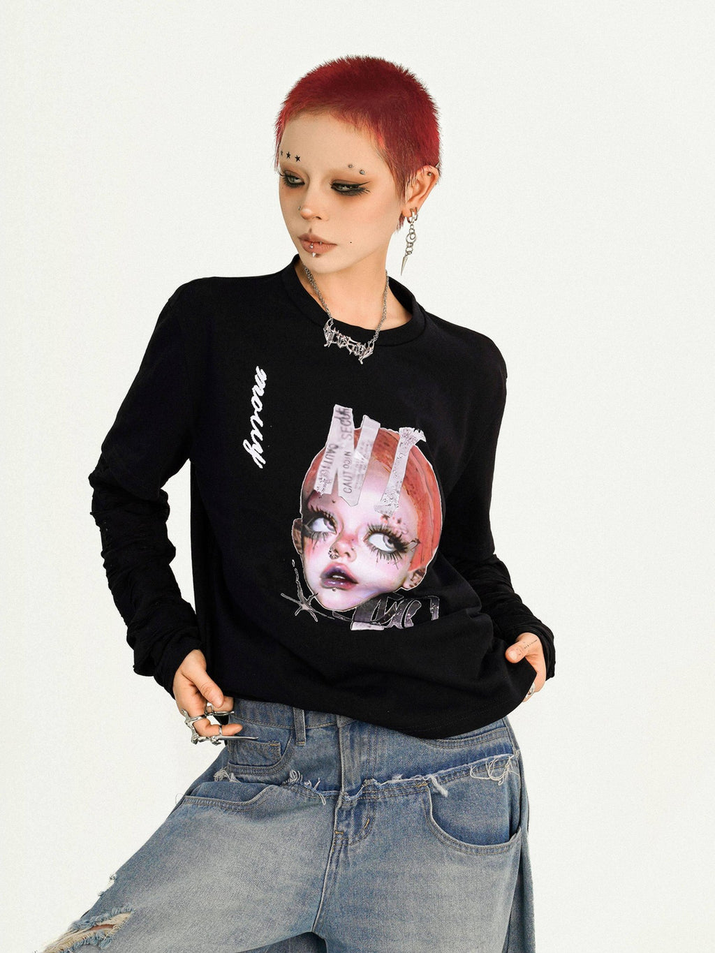 Nico Molly Oversized Streetwear Black Round Neck Graphic Print Casual Long Sleeve T-Shirts