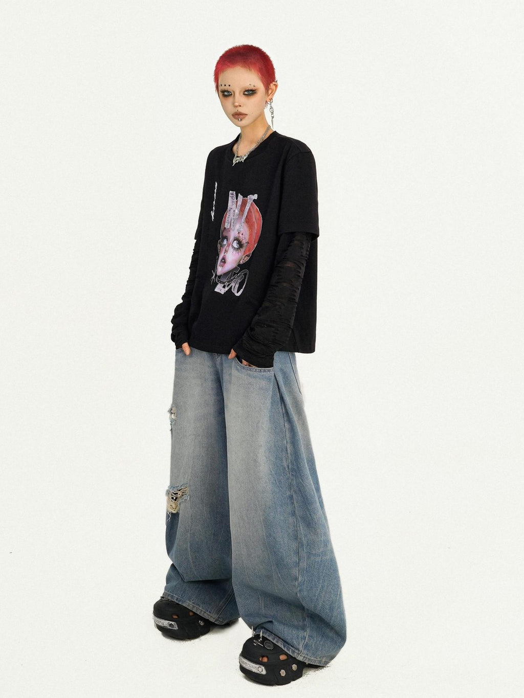 Nico Molly Oversized Streetwear Black Round Neck Graphic Print Casual Long Sleeve T-Shirts