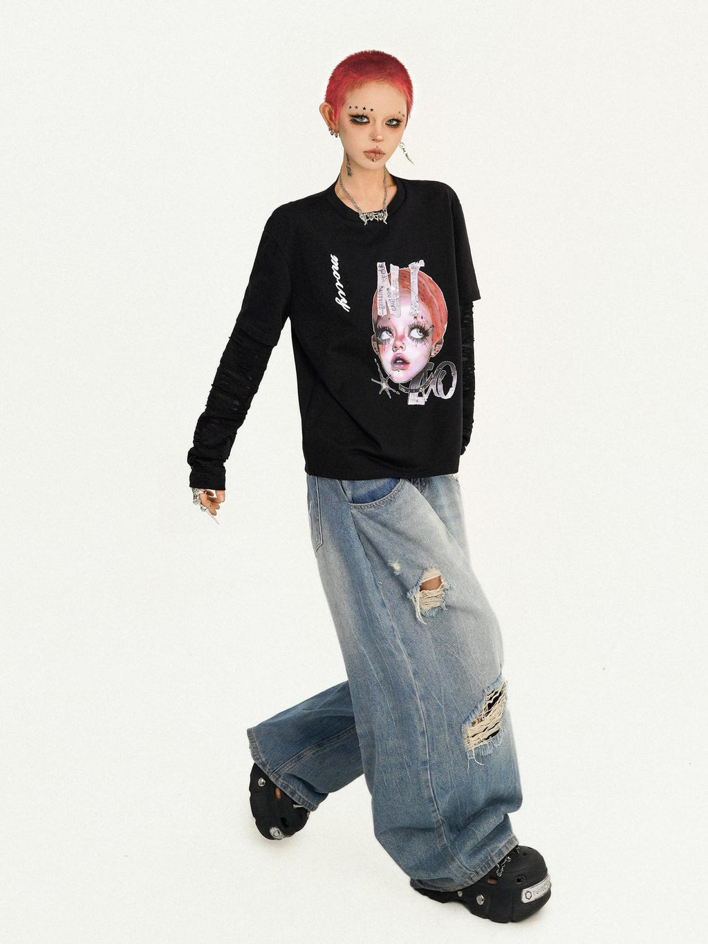 Nico Molly Oversized Streetwear Black Round Neck Graphic Print Casual Long Sleeve T-Shirts