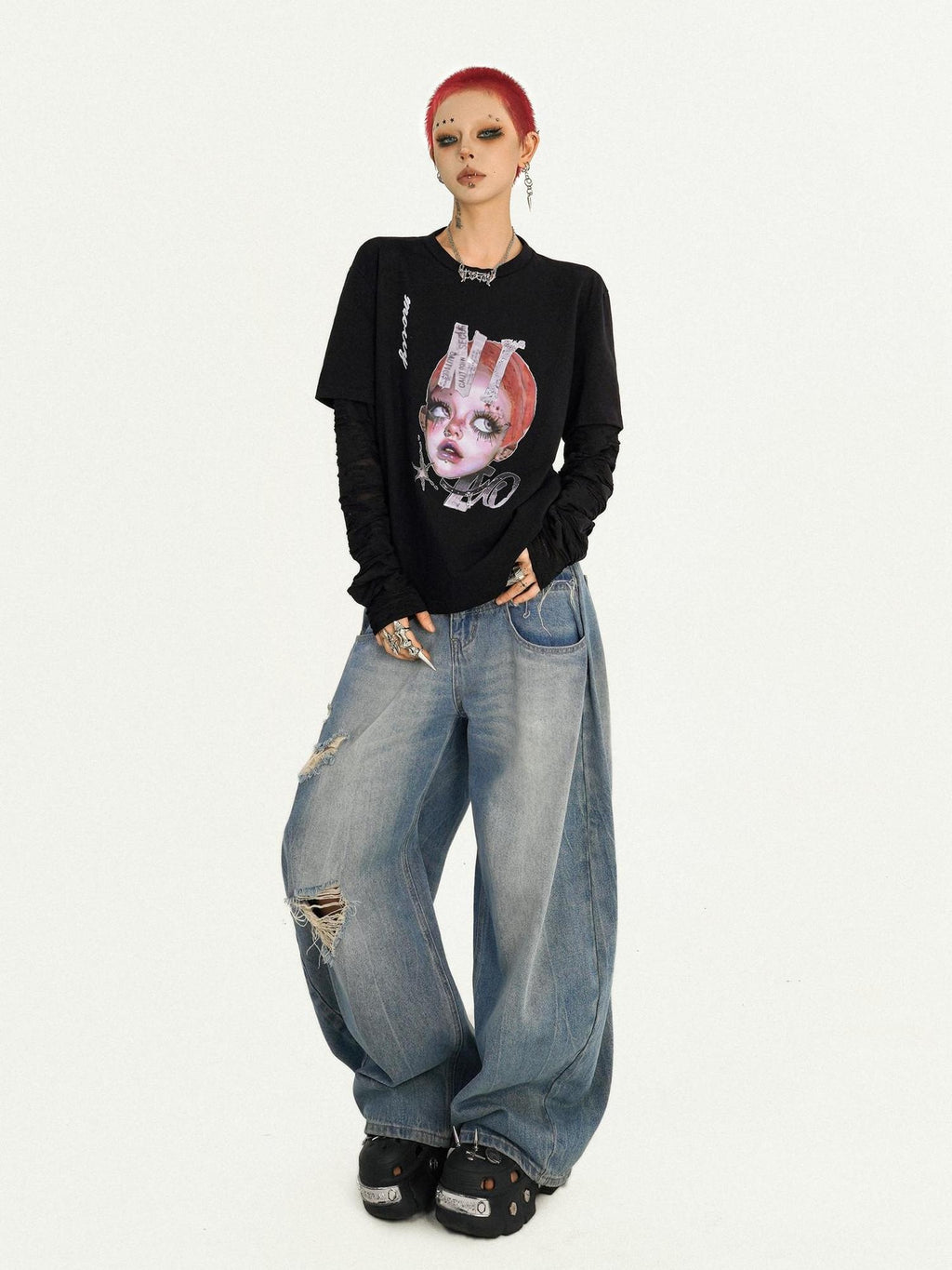 Nico Molly Oversized Streetwear Black Round Neck Graphic Print Casual Long Sleeve T-Shirts