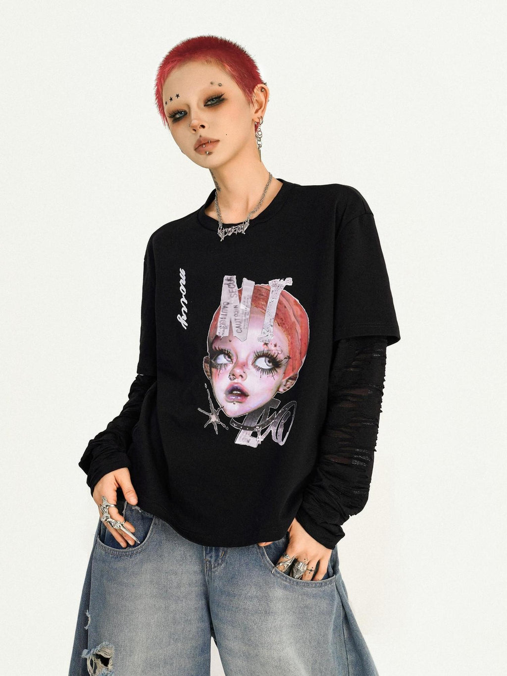 Nico Molly Oversized Streetwear Black Round Neck Graphic Print Casual Long Sleeve T-Shirts