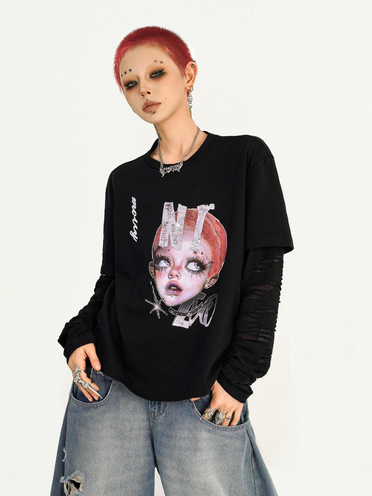 Nico Molly Oversized Streetwear Black Round Neck Graphic Print Casual Long Sleeve T-Shirts