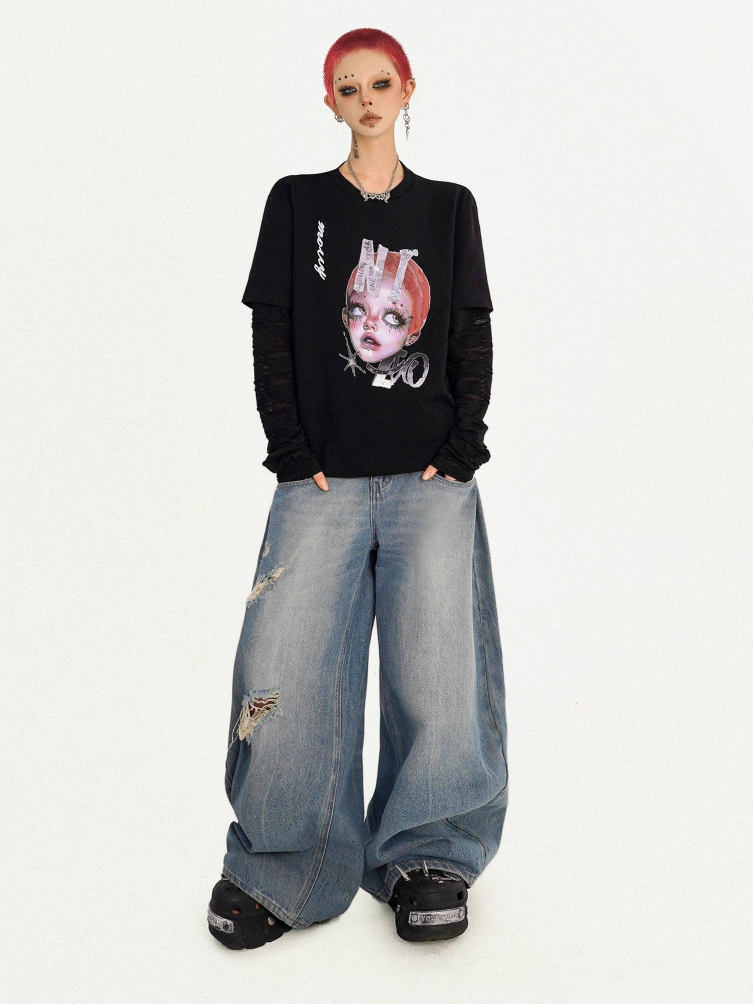 Nico Molly Oversized Streetwear Black Round Neck Graphic Print Casual Long Sleeve T-Shirts