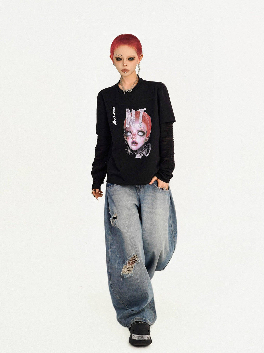 Nico Molly Oversized Streetwear Black Round Neck Graphic Print Casual Long Sleeve T-Shirts
