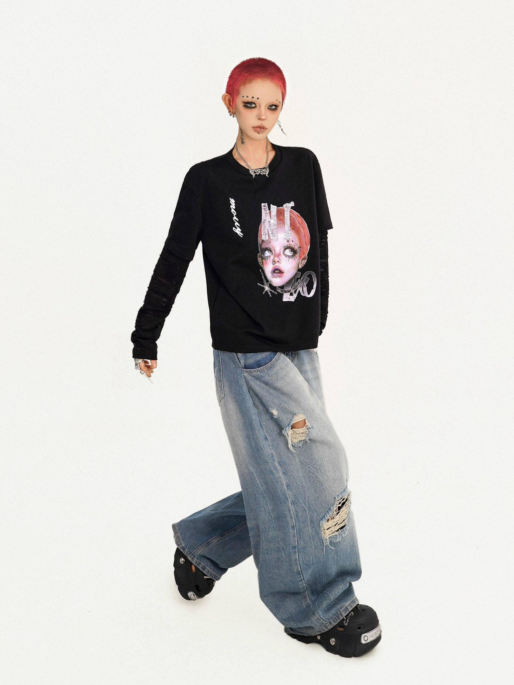 Nico Molly Oversized Streetwear Black Round Neck Graphic Print Casual Long Sleeve T-Shirts
