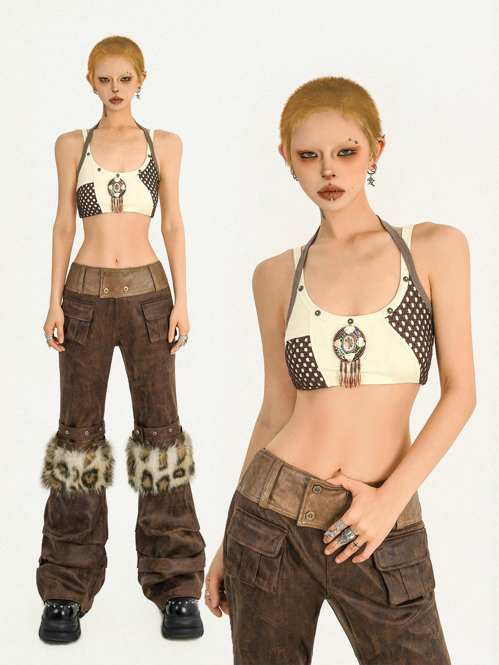 Nico Molly Padded Halter Plaid Slim Short Beige Sexy Women Home Pilates Camisoles