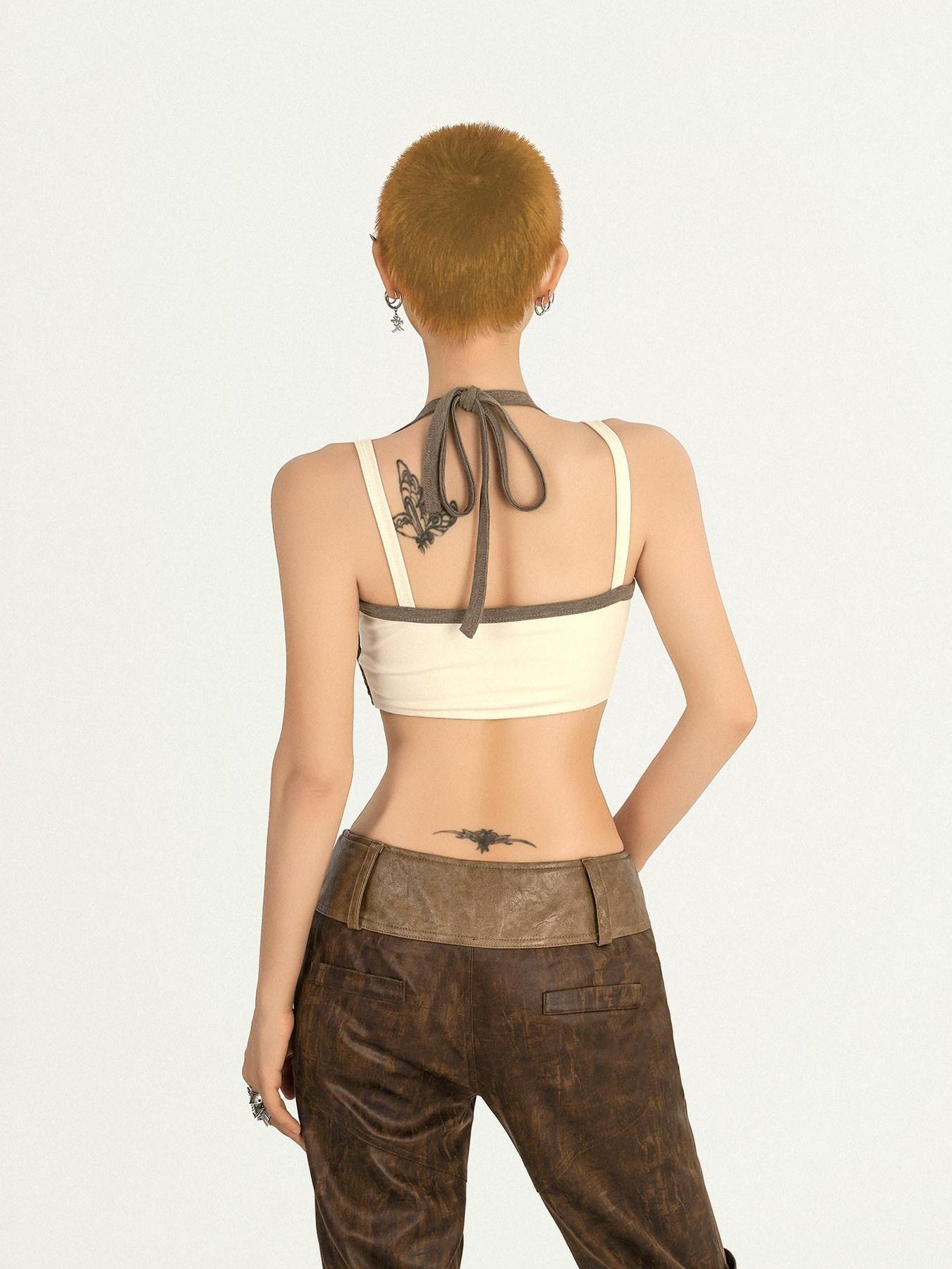 Nico Molly Padded Halter Plaid Slim Short Beige Sexy Women Home Pilates Camisoles