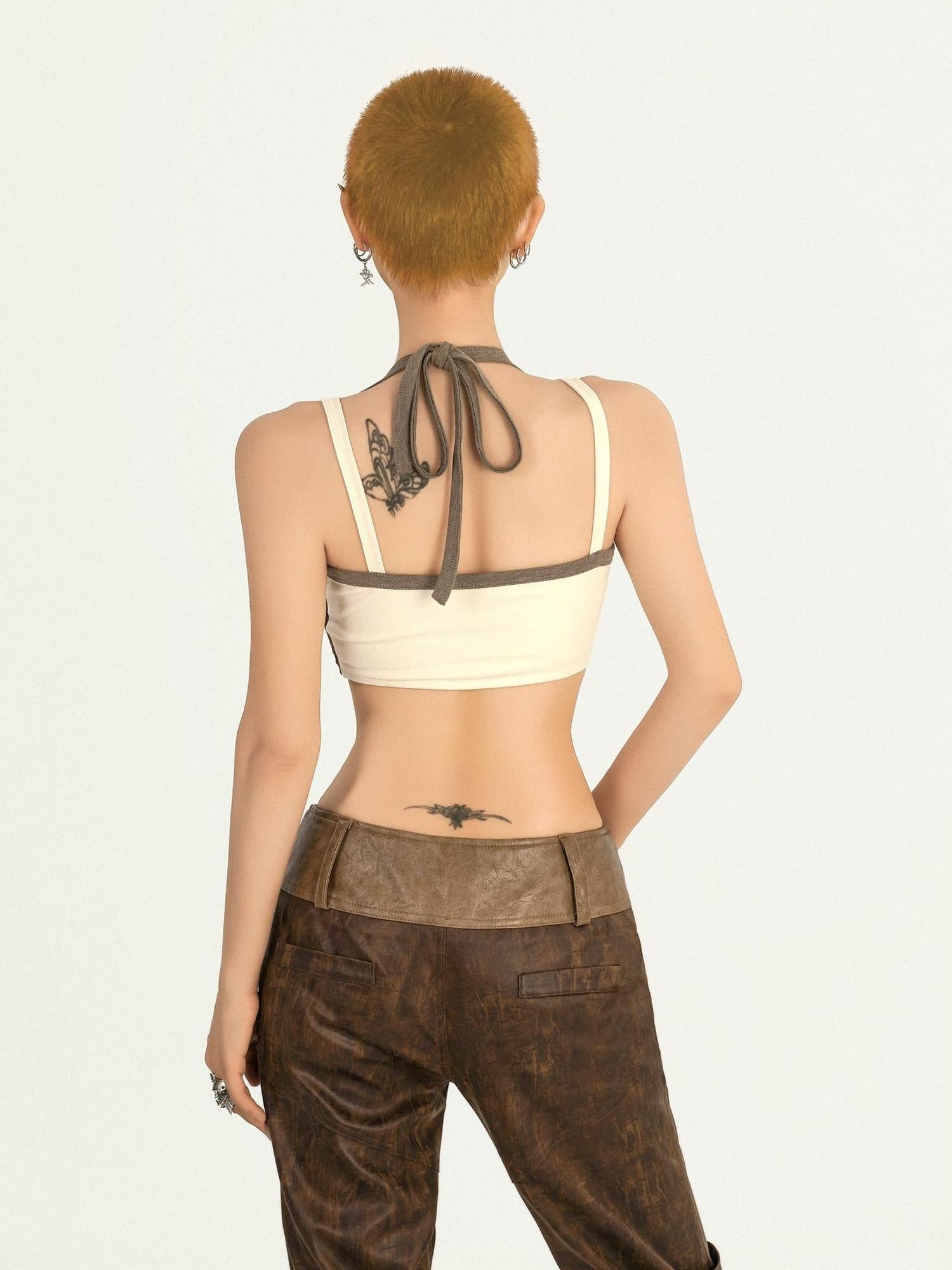Nico Molly Padded Halter Plaid Slim Short Beige Sexy Women Home Pilates Camisoles