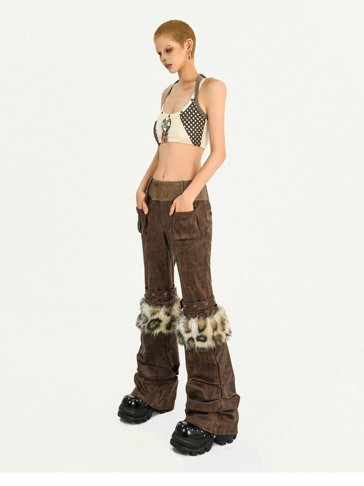 Nico Molly Padded Halter Plaid Slim Short Beige Sexy Women Home Pilates Camisoles