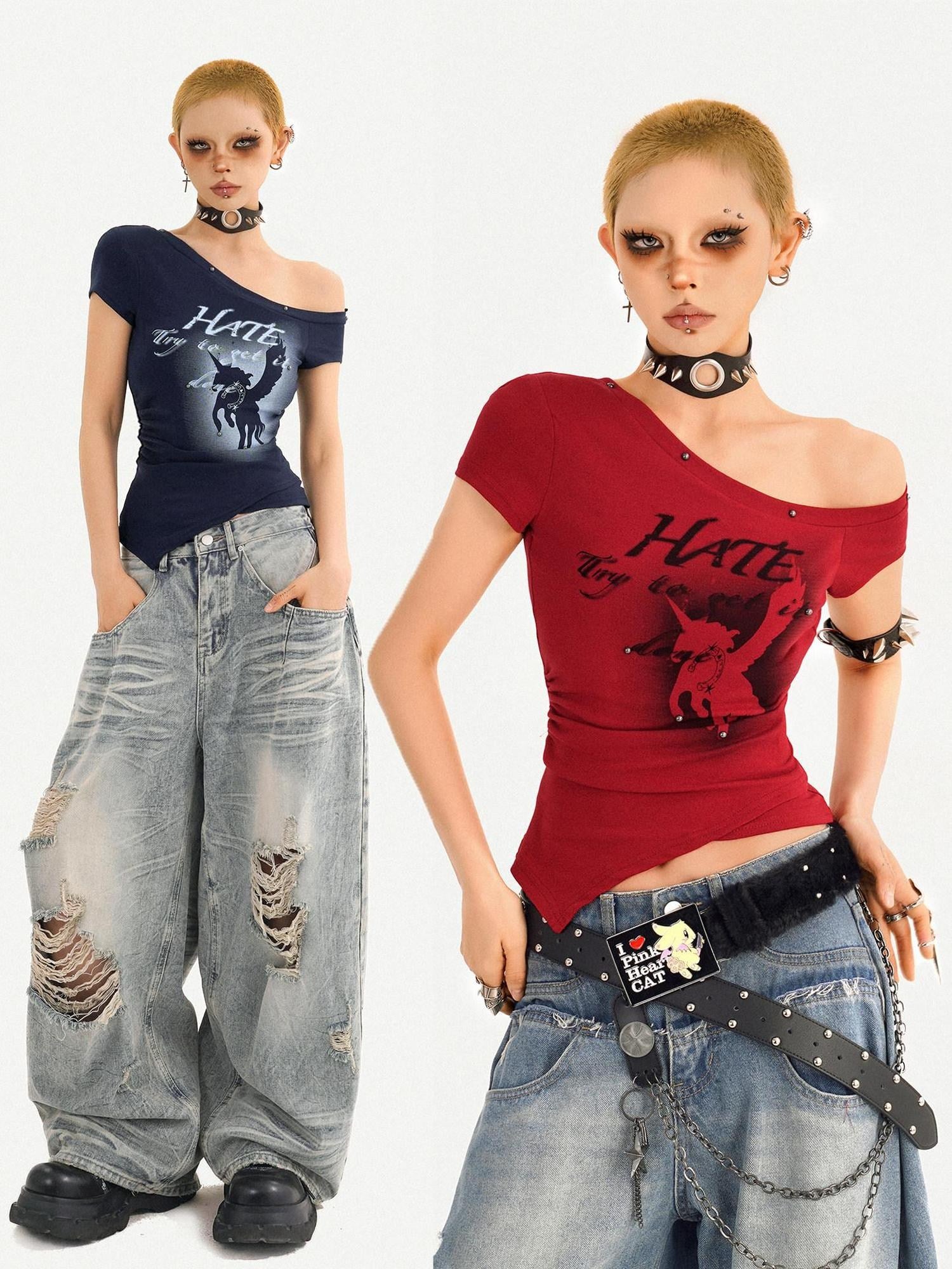 Nico Molly Padded Letter Print One Shoulder Streetwear Short Sleeve Women Basic Crop Tops