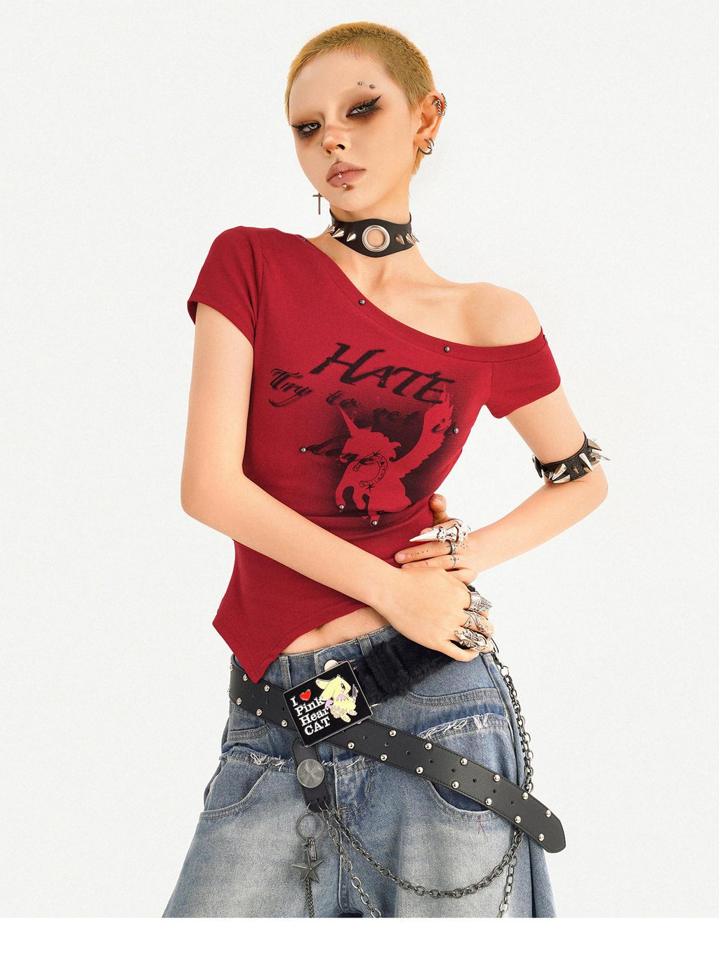 Nico Molly Padded Letter Print One Shoulder Streetwear Short Sleeve Women Basic Crop Tops