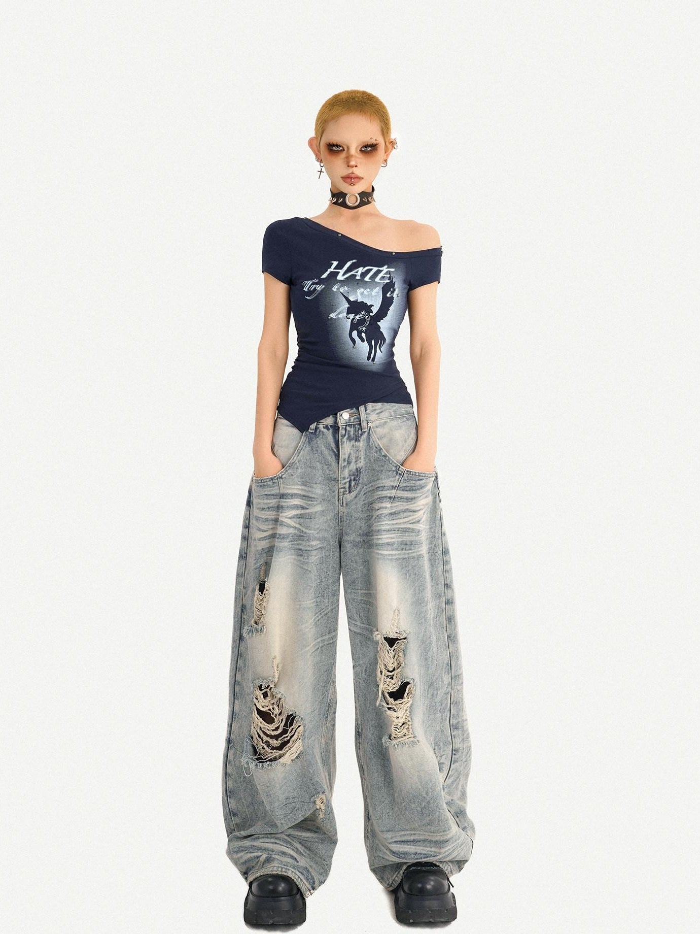 Nico Molly Padded Letter Print One Shoulder Streetwear Short Sleeve Women Basic Crop Tops