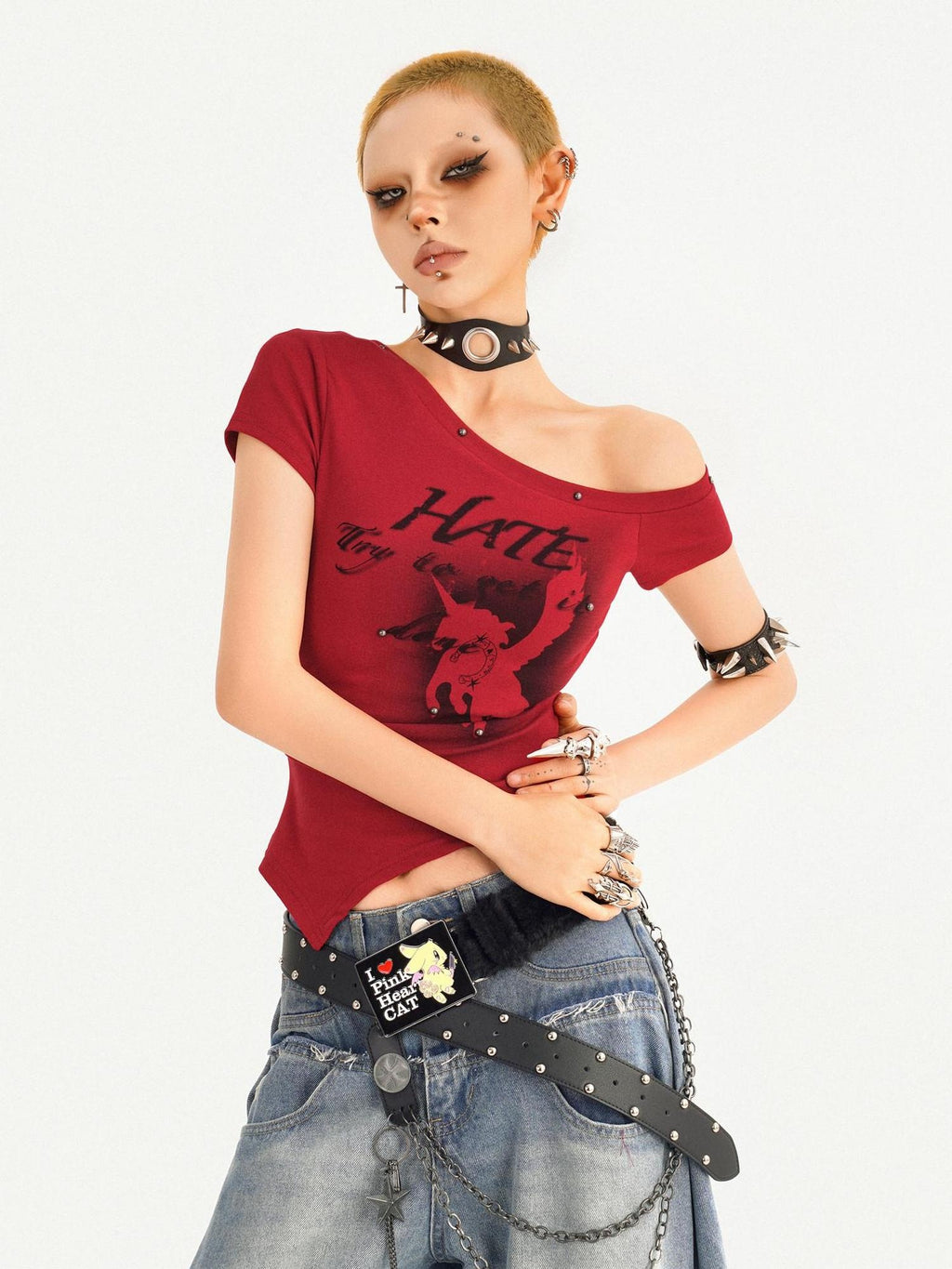 Nico Molly Padded Letter Print One Shoulder Streetwear Short Sleeve Women Basic Crop Tops