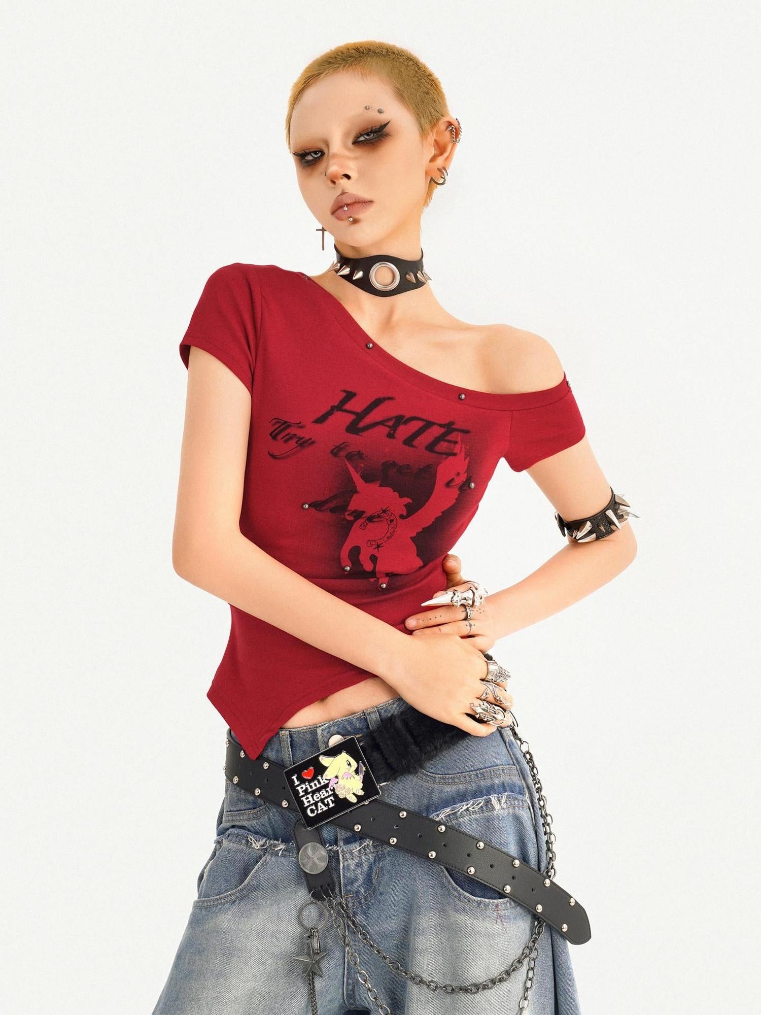 Nico Molly Padded Letter Print One Shoulder Streetwear Short Sleeve Women Basic Crop Tops