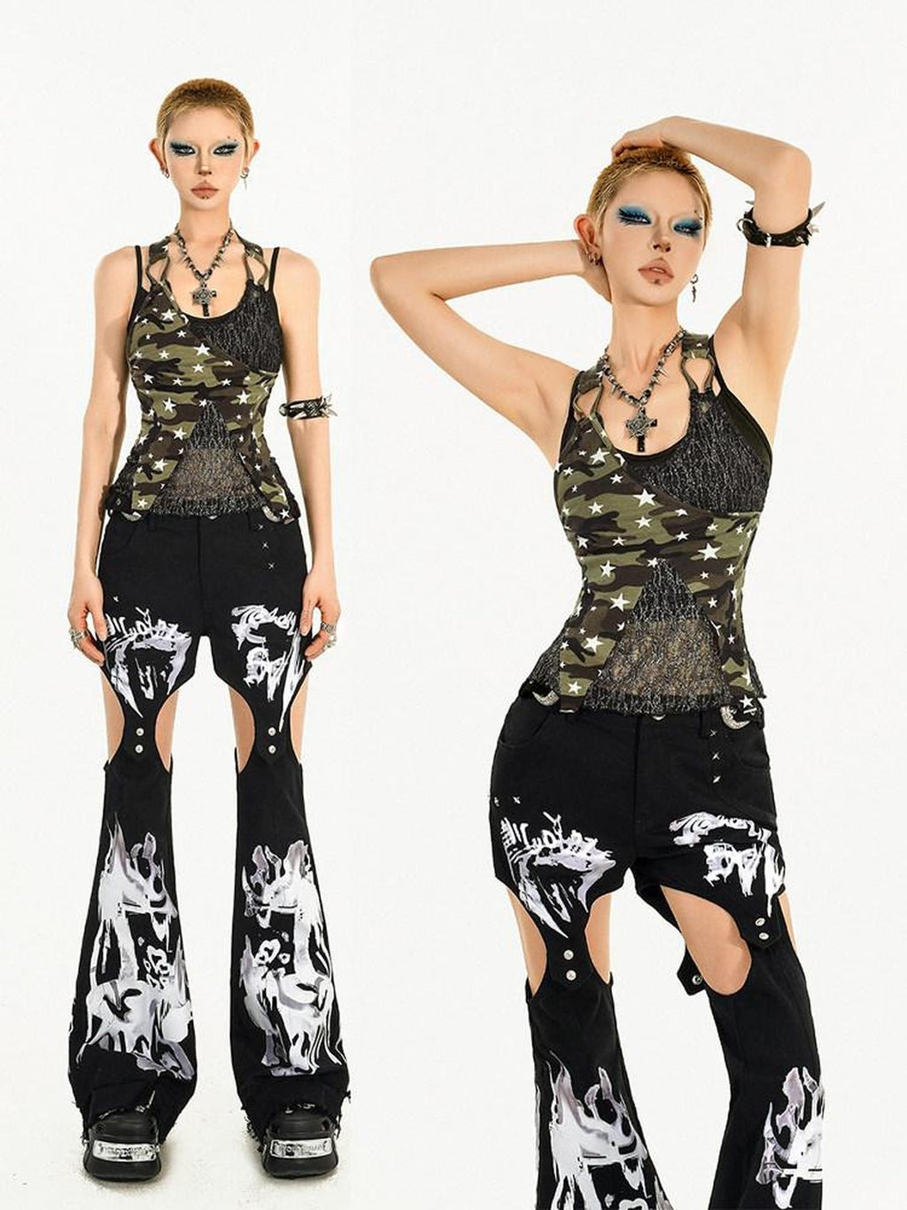 Nico Molly Patchwork Camouflage Slim Fit Street Style Green Women Tank Camisoles