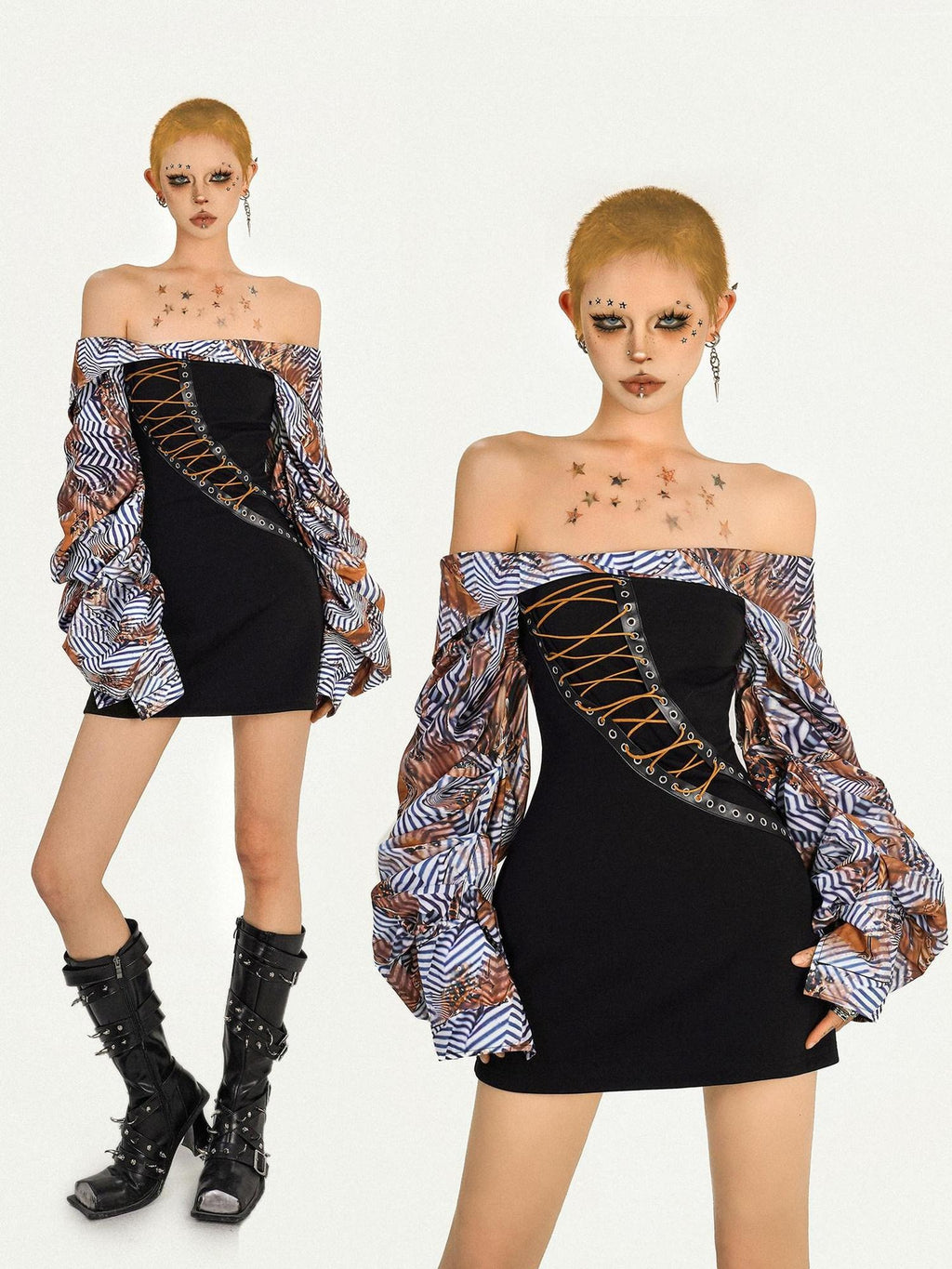 Nico Molly Patchwork One Shoulder Slim Longsleeve Strappy Back Zipper Black Mini Dresses