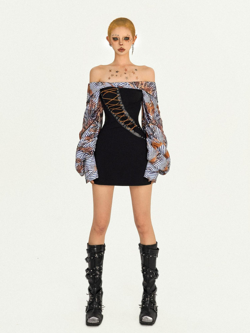Nico Molly Patchwork One Shoulder Slim Longsleeve Strappy Back Zipper Black Mini Dresses