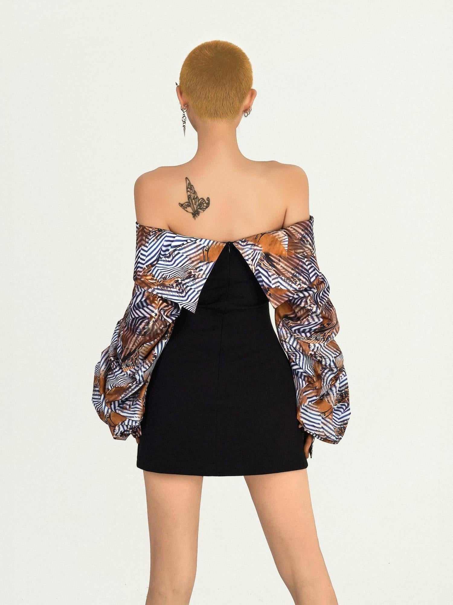 Nico Molly Patchwork One Shoulder Slim Longsleeve Strappy Back Zipper Black Mini Dresses