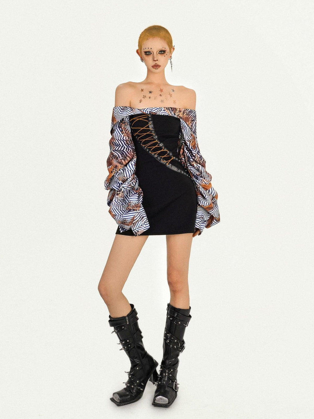 Nico Molly Patchwork One Shoulder Slim Longsleeve Strappy Back Zipper Black Mini Dresses