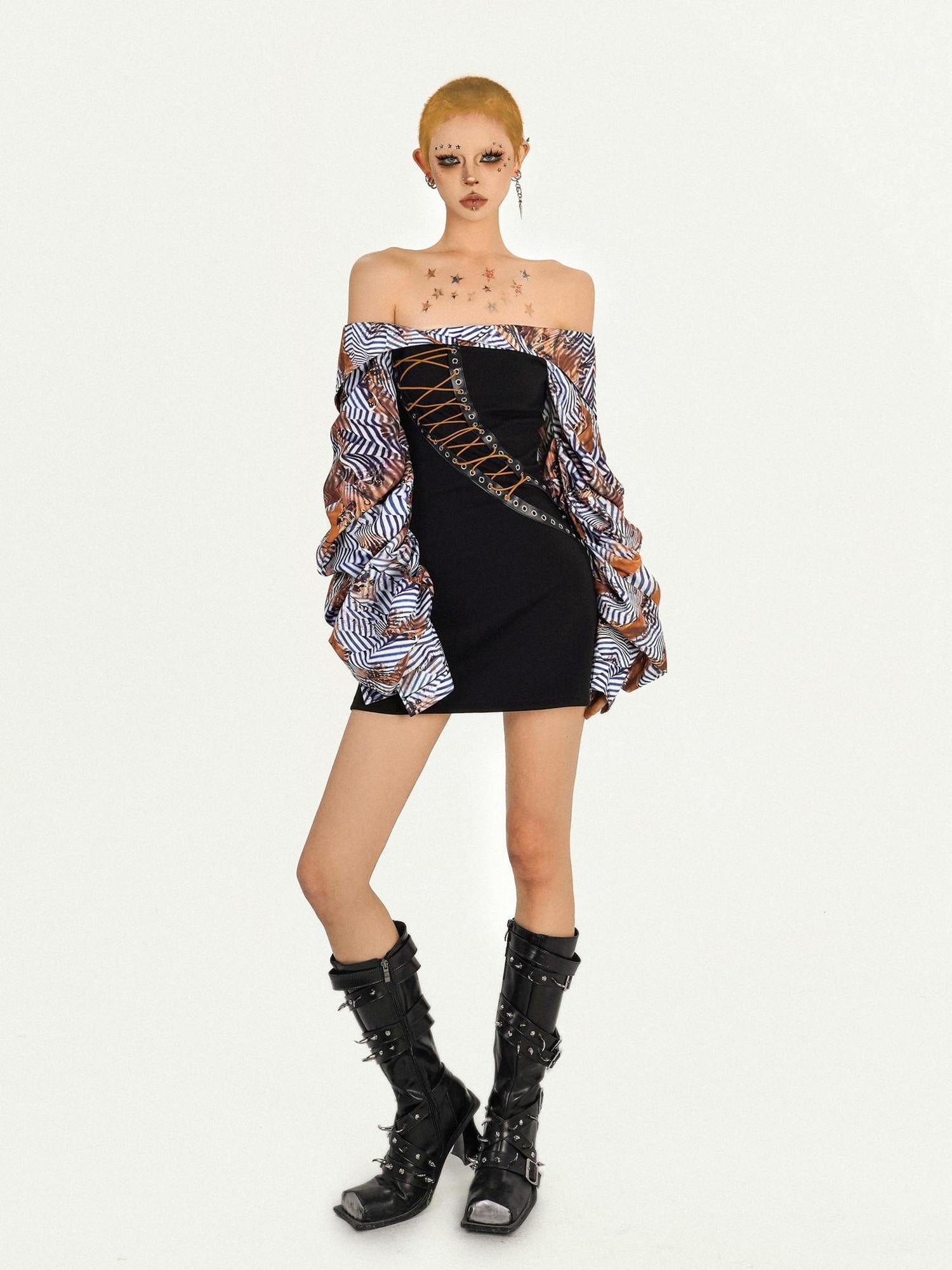 Nico Molly Patchwork One Shoulder Slim Longsleeve Strappy Back Zipper Black Mini Dresses