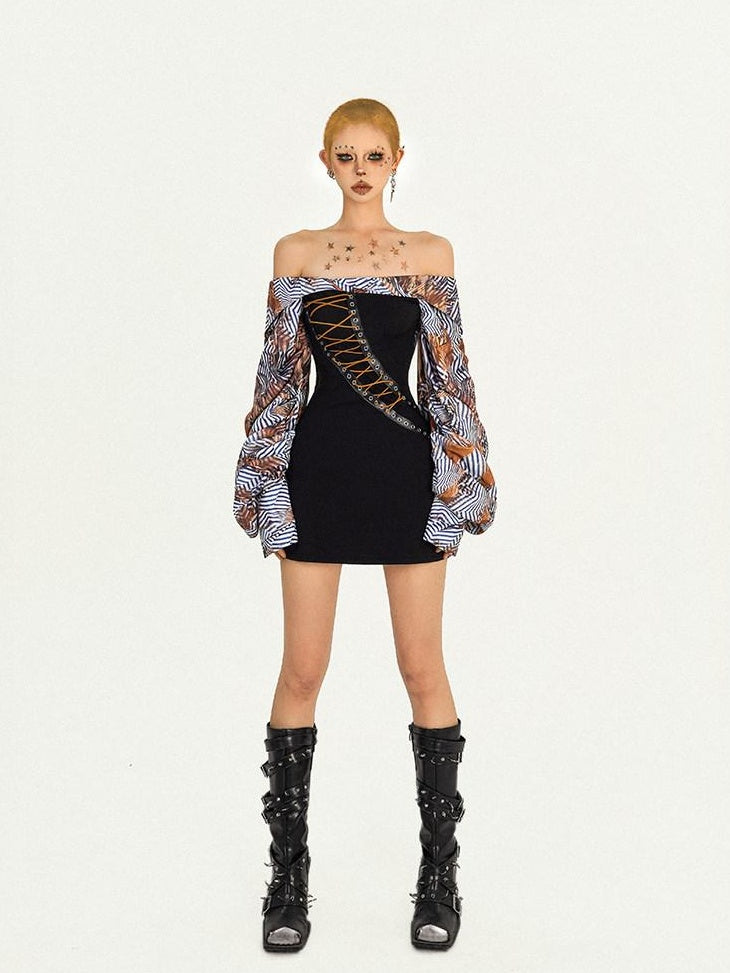 Nico Molly Patchwork One Shoulder Slim Longsleeve Strappy Back Zipper Black Mini Dresses