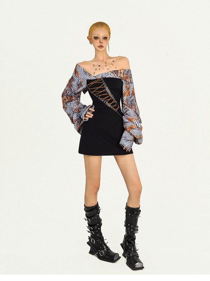 Nico Molly Patchwork One Shoulder Slim Longsleeve Strappy Back Zipper Black Mini Dresses
