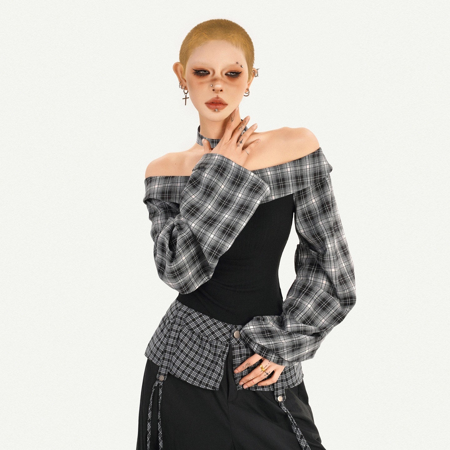 Nico_Molly_Patchwork_Plaid_Off_Shoulder_Long_Sleeve_For_Women_Black_Top_&_Pants_Sets_MISSTT