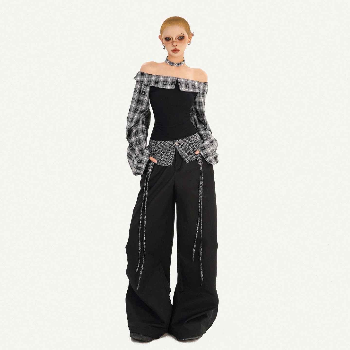 Nico_Molly_Patchwork_Plaid_Off_Shoulder_Long_Sleeve_For_Women_Black_Top_&_Pants_Sets_MISSTT