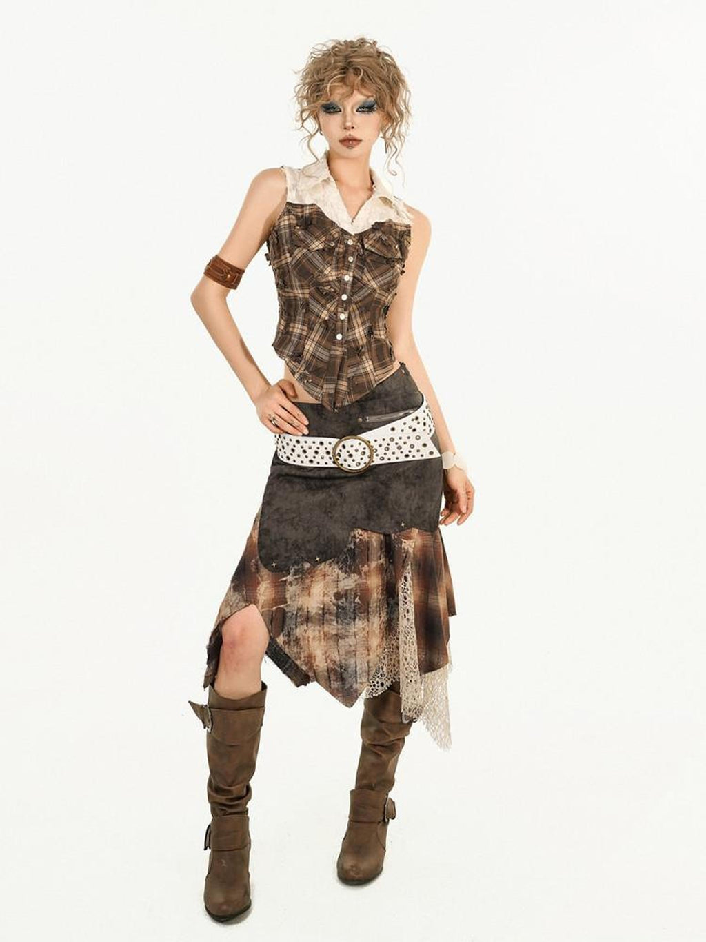 Nico Molly Patchwork Plaid Slim Fit Streetwear Polo Collar Cropped Young Women Tank Tops
