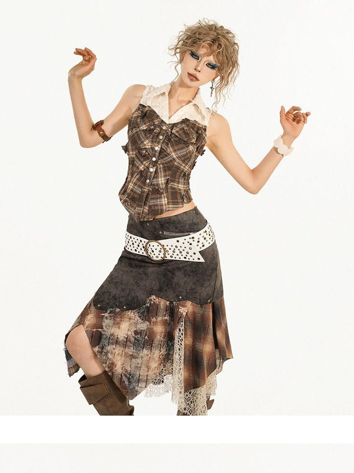 Nico Molly Patchwork Plaid Slim Fit Streetwear Polo Collar Cropped Young Women Tank Tops