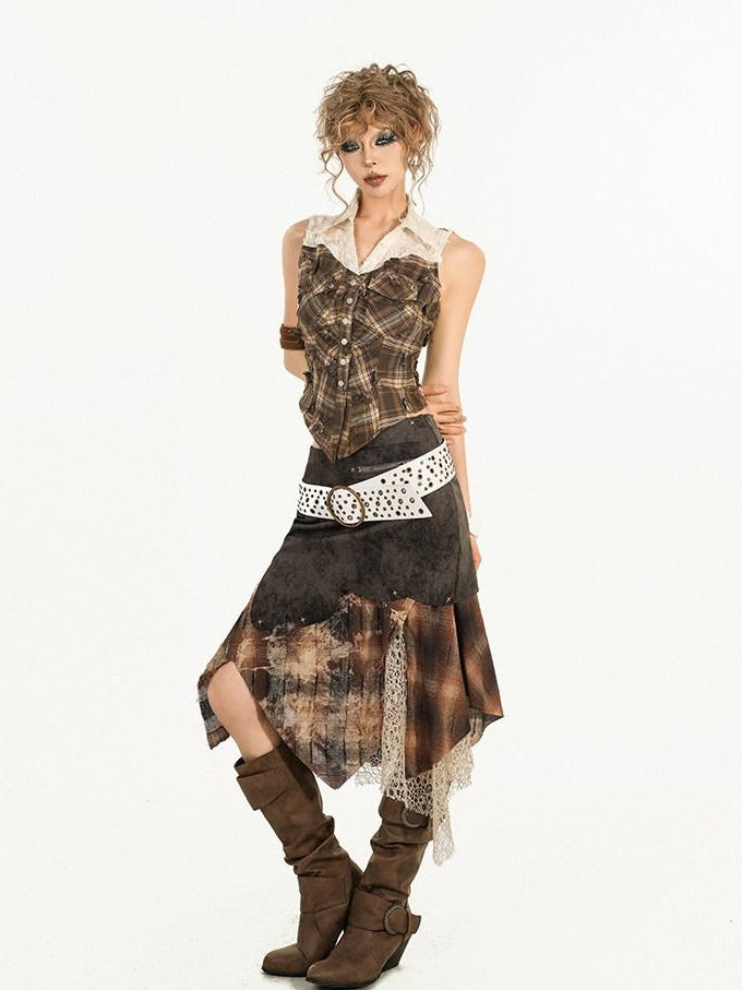 Nico Molly Patchwork Plaid Slim Fit Streetwear Polo Collar Cropped Young Women Tank Tops