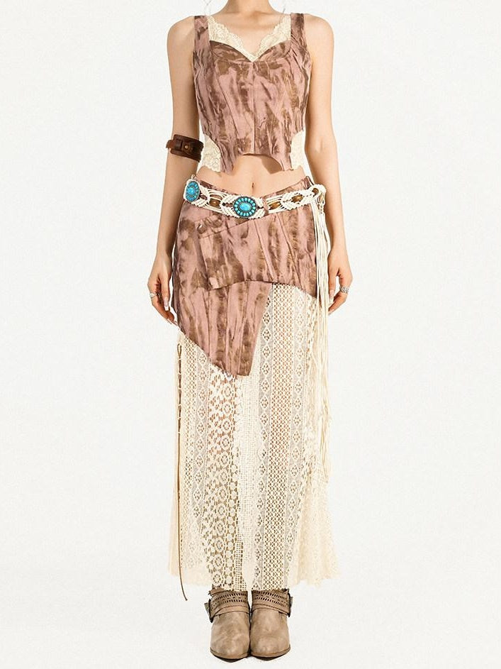 Nico Molly Pink Lace Patchwork A Line Streetwear Mid Waist Youth Stylish Midi Skirts