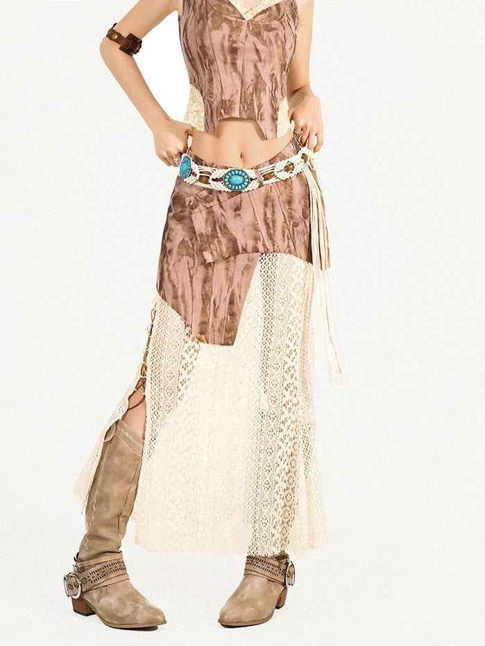 Nico Molly Pink Lace Patchwork A Line Streetwear Mid Waist Youth Stylish Midi Skirts